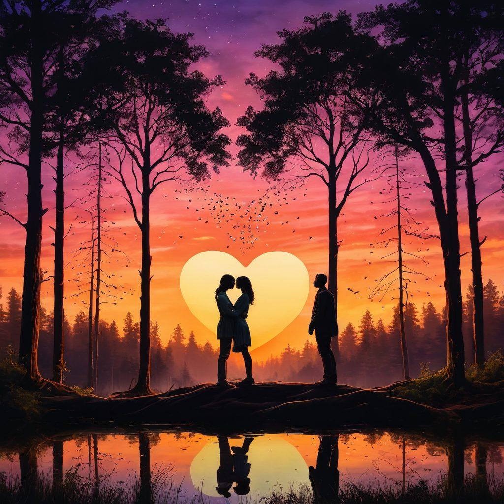 A serene forest landscape at twilight, with two intertwined trees symbolizing connection, surrounded by glowing heart-shaped fireflies. In the foreground, a couple embracing passionately, their silhouettes illuminated by a soft, warm glow, embodying wild love and affection. Vivid splashes of color in the sky blend seamlessly with the natural textures, creating a dreamlike atmosphere. surrealism. vibrant colors. twilight setting.