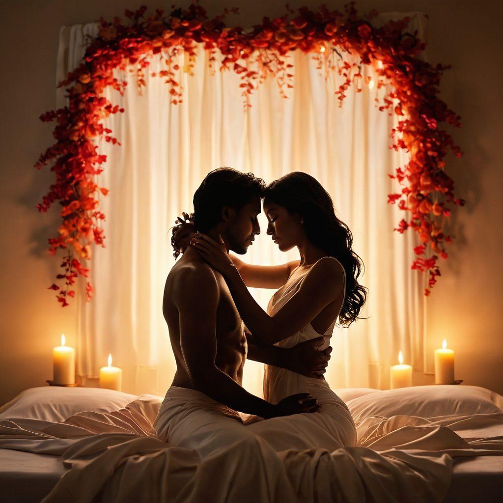 A romantic and intimate scene featuring two silhouettes entwined in a warm, soft embrace. Candlelight flickers gently, casting a warm glow on petals scattered on silk sheets. Surrounding them, delicate artworks symbolize emotional connection and pleasure—like intertwined hearts and soft waves. The atmosphere is serene and inviting, evoking trust and sensuality. super-realistic. warm colors. soft focus.