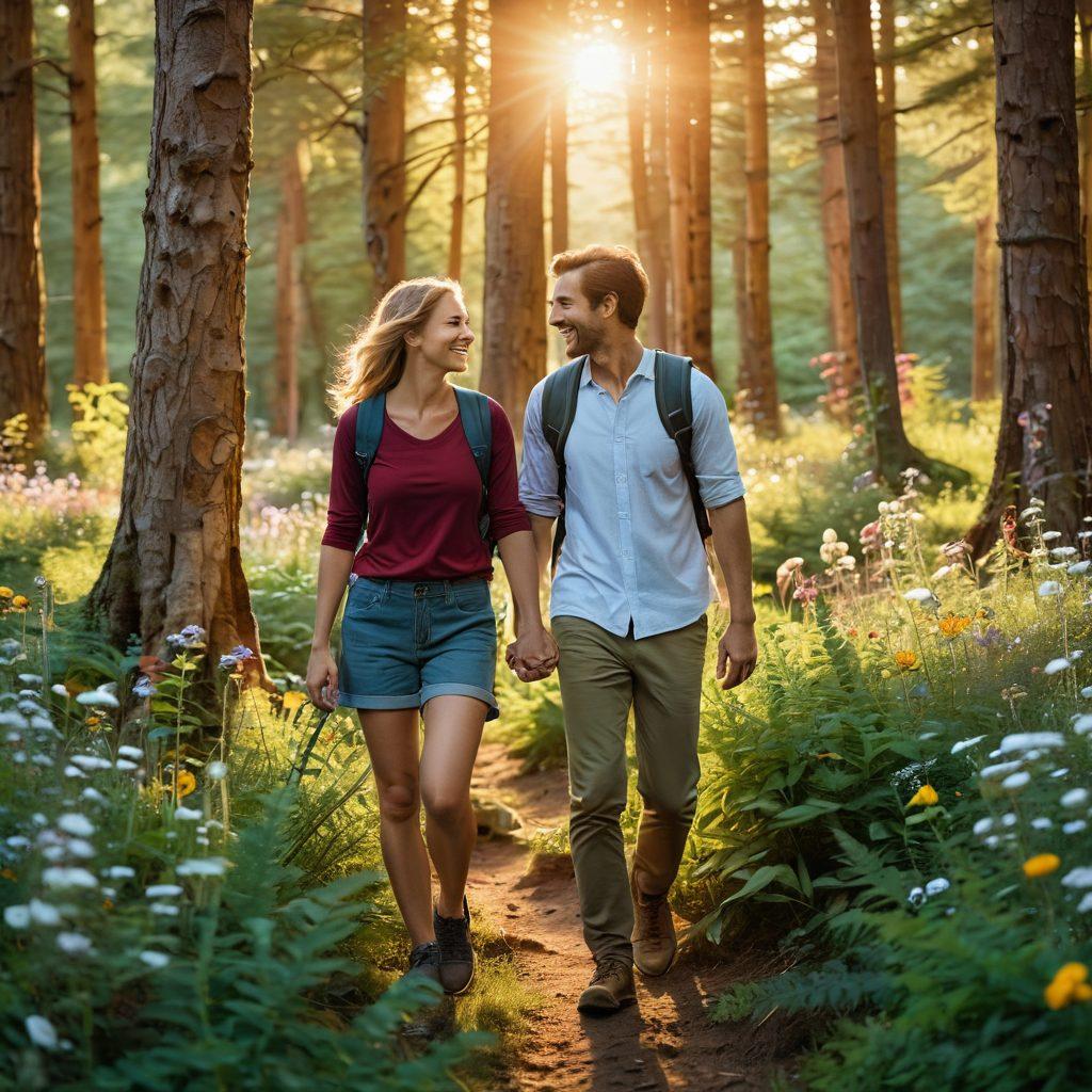 A romantic scene of a couple hiking in a lush, wild landscape, surrounded by blooming flowers and tall, vibrant trees. They are laughing and holding hands, embodying passion and intimacy in their expressions. The sun sets in the background, casting warm, golden light on their faces. Include subtle symbols of love, like hearts hidden among the foliage. vibrant colors. super-realistic.